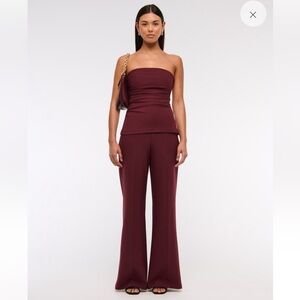 Strapless Ruched Peplum Jumpsuit Wine